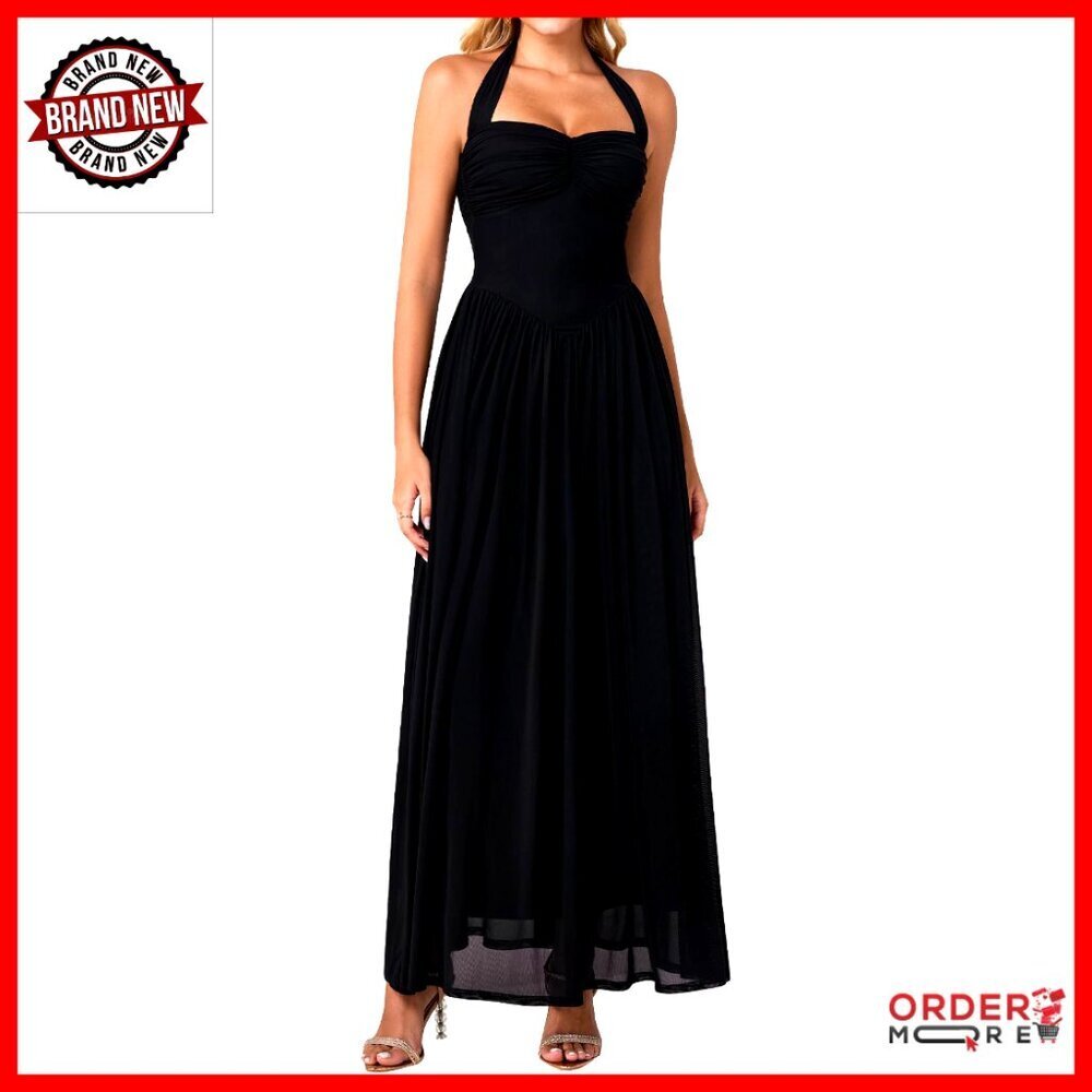 Halter Corset Maxi Dress Elegant Backless Formal Evening Gown Wedding Guest